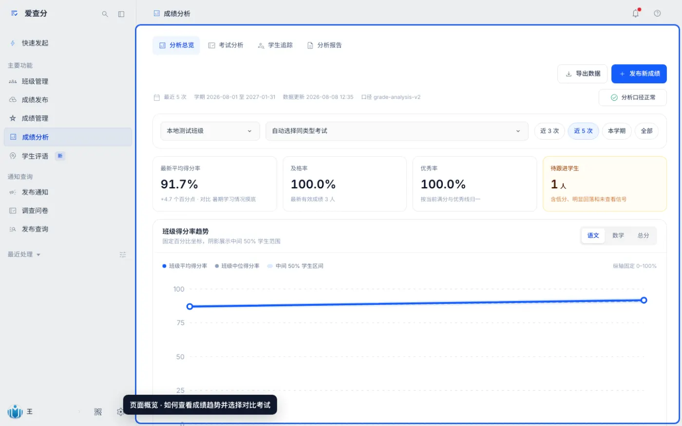 如何查看成绩趋势并选择对比考试的入口与页面概览