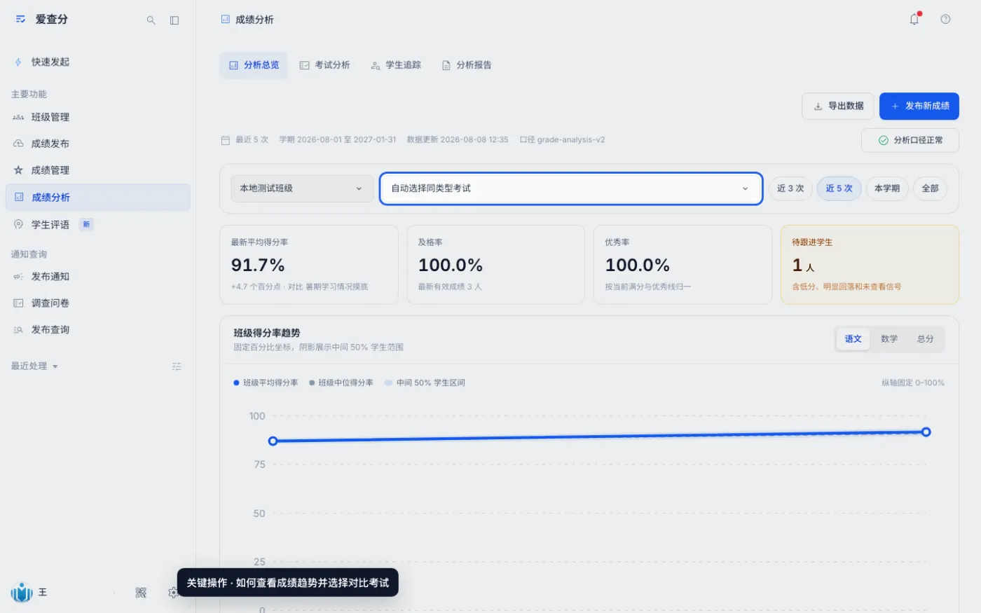 如何查看成绩趋势并选择对比考试的关键操作位置