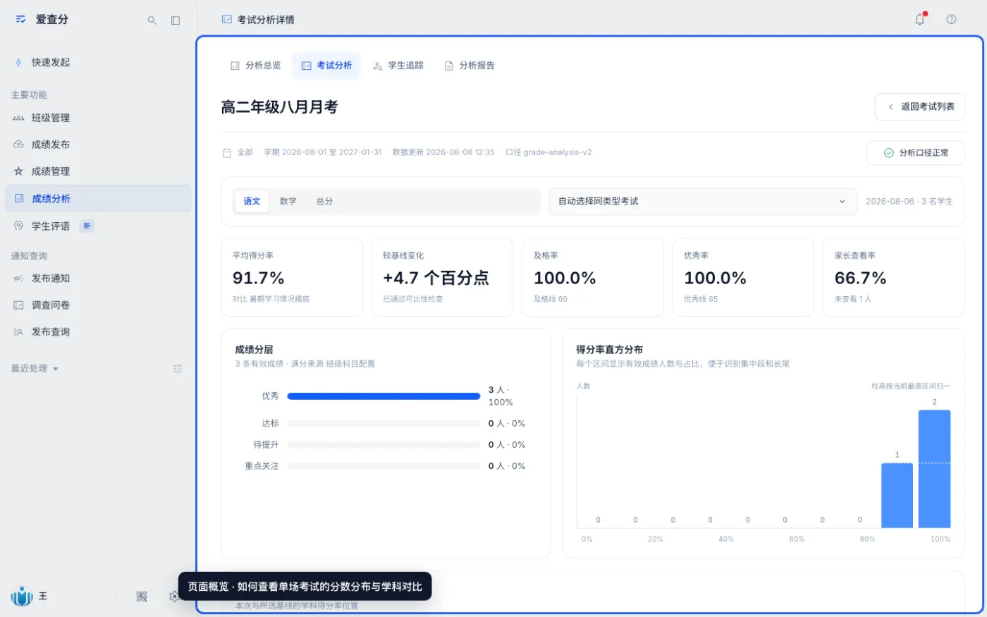 如何查看单场考试的分数分布与学科对比的入口与页面概览