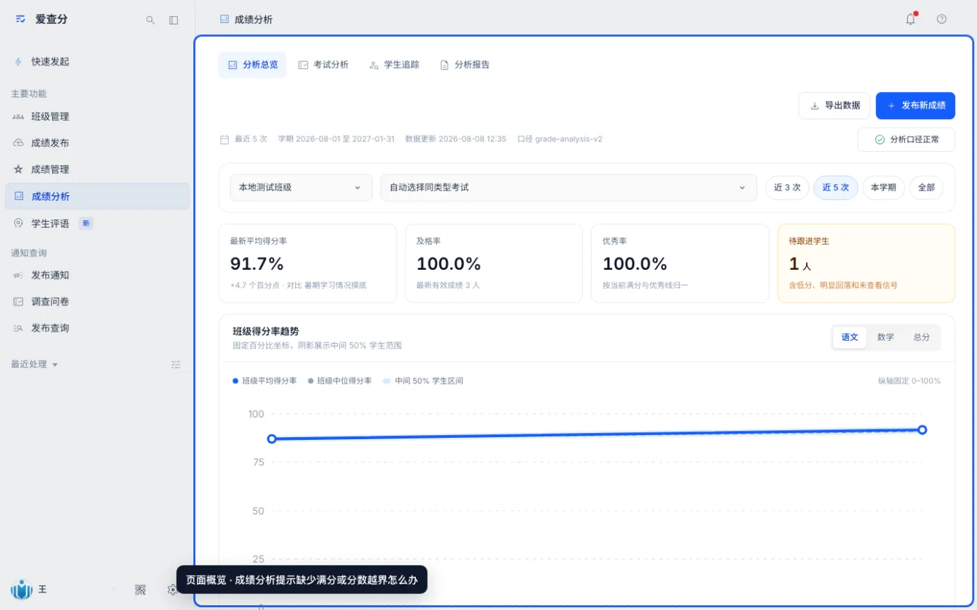 成绩分析提示缺少满分或分数越界怎么办的入口与页面概览
